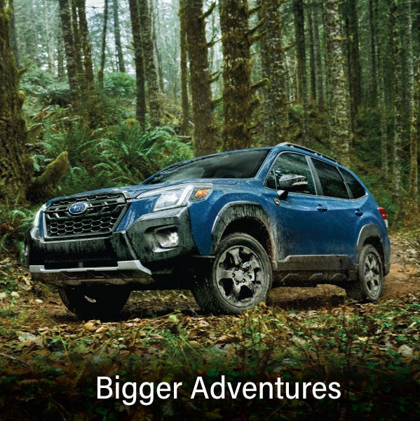 A blue Subaru outback wilderness with the words “Bigger Adventures“. | Briggs Subaru of Topeka in Topeka KS