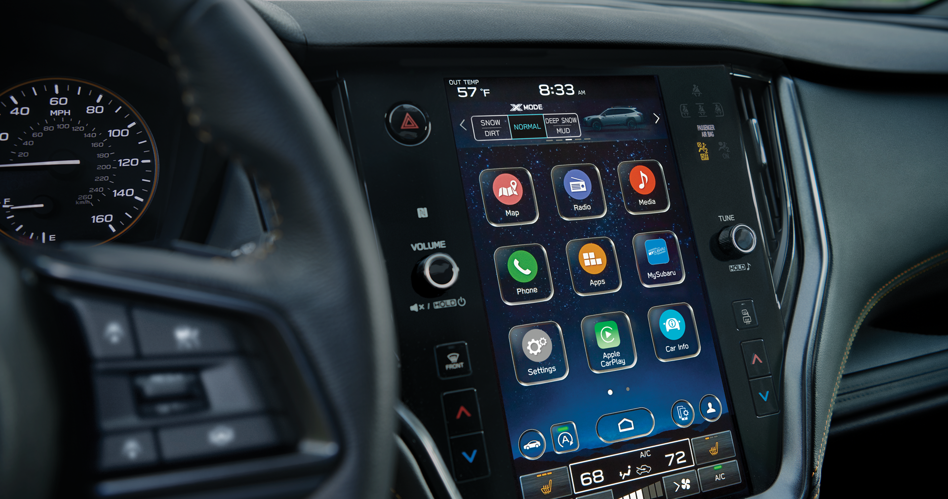A close-up of the 11.6-inch touchscreen for the STARLINK Multimedia system on the 2023 Outback Wilderness. | Briggs Subaru of Topeka in Topeka KS