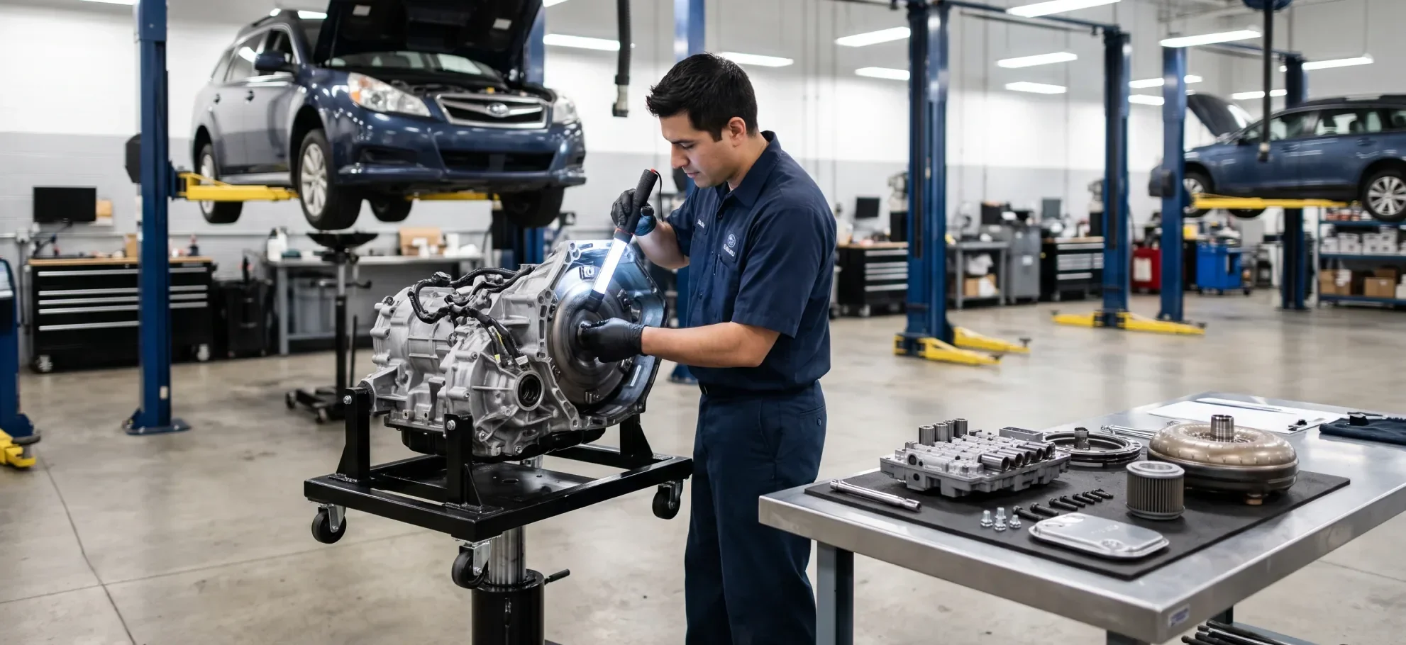 A technician checking a transmission on a stand in the service bay.