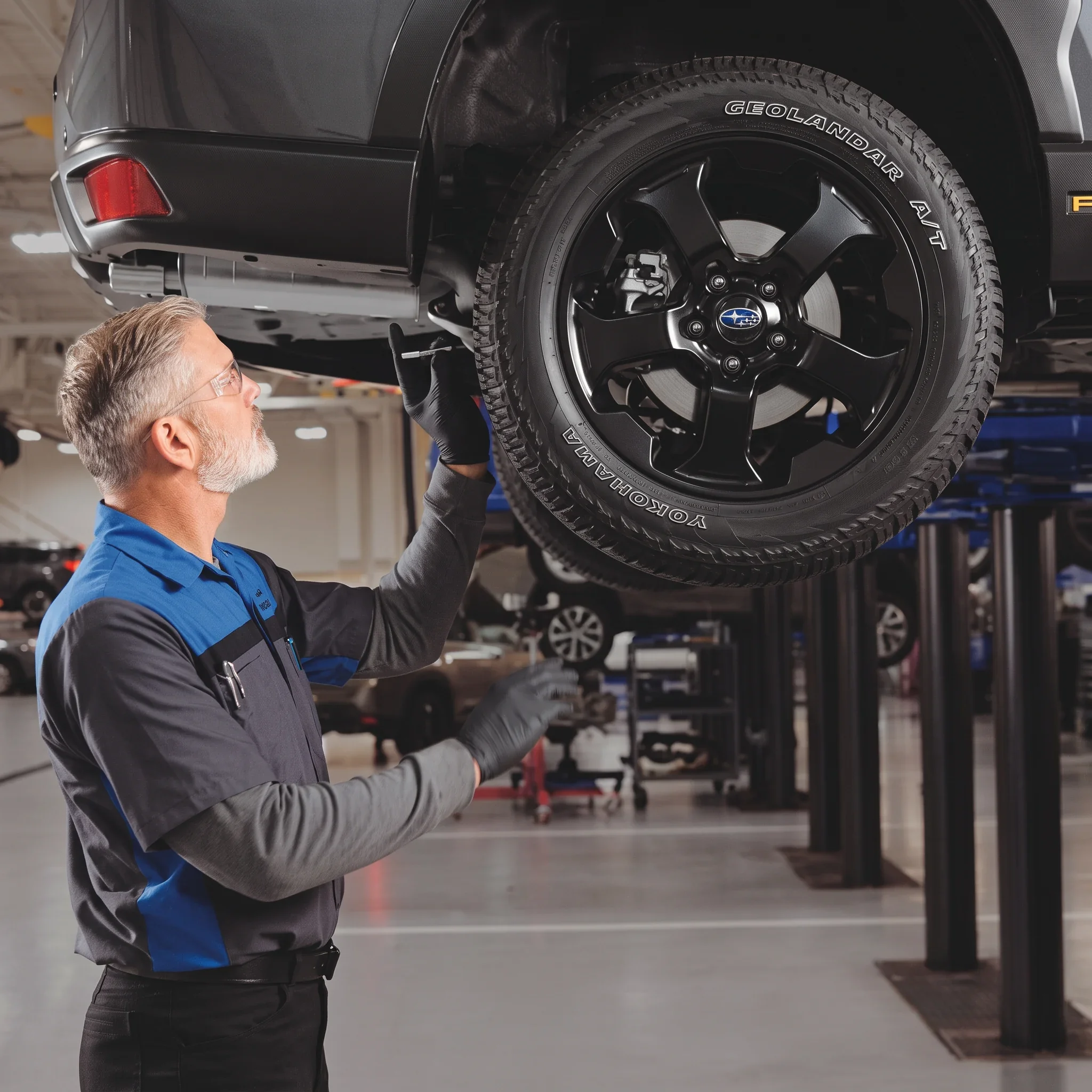A technician taking a wheel off a Subaru raised on a lift.