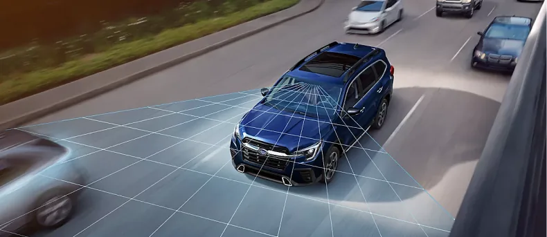 EyeSight detection field visualised around a Subaru Ascent in traffic