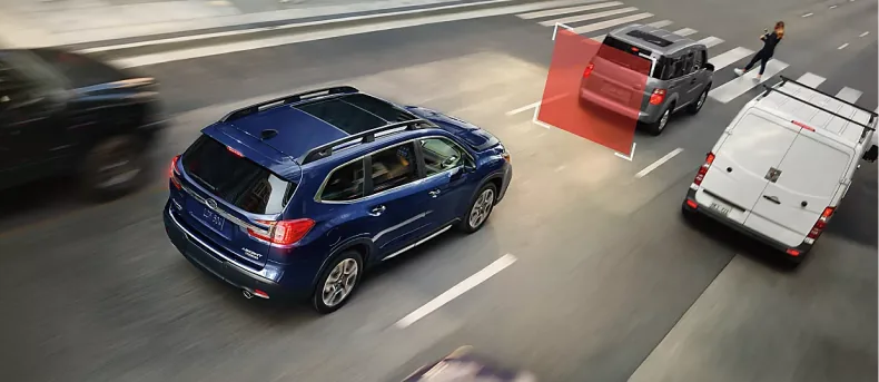 Pre-Collision Braking detection zone highlighted ahead of a Subaru Ascent