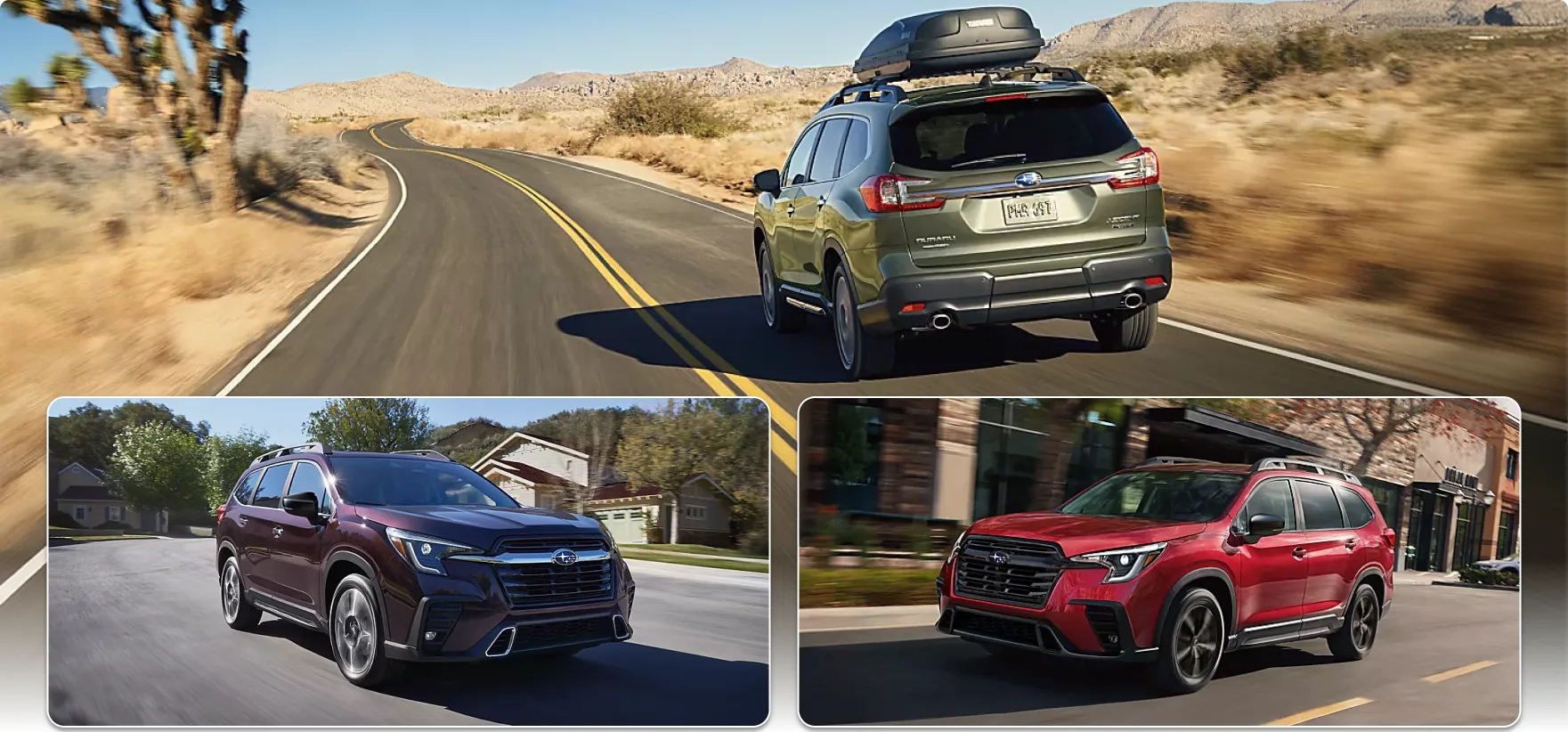 2026 Subaru Ascent exterior: a green Ascent with a roof box on a desert highway, a maroon Ascent in a neighbourhood, and a red Ascent in town