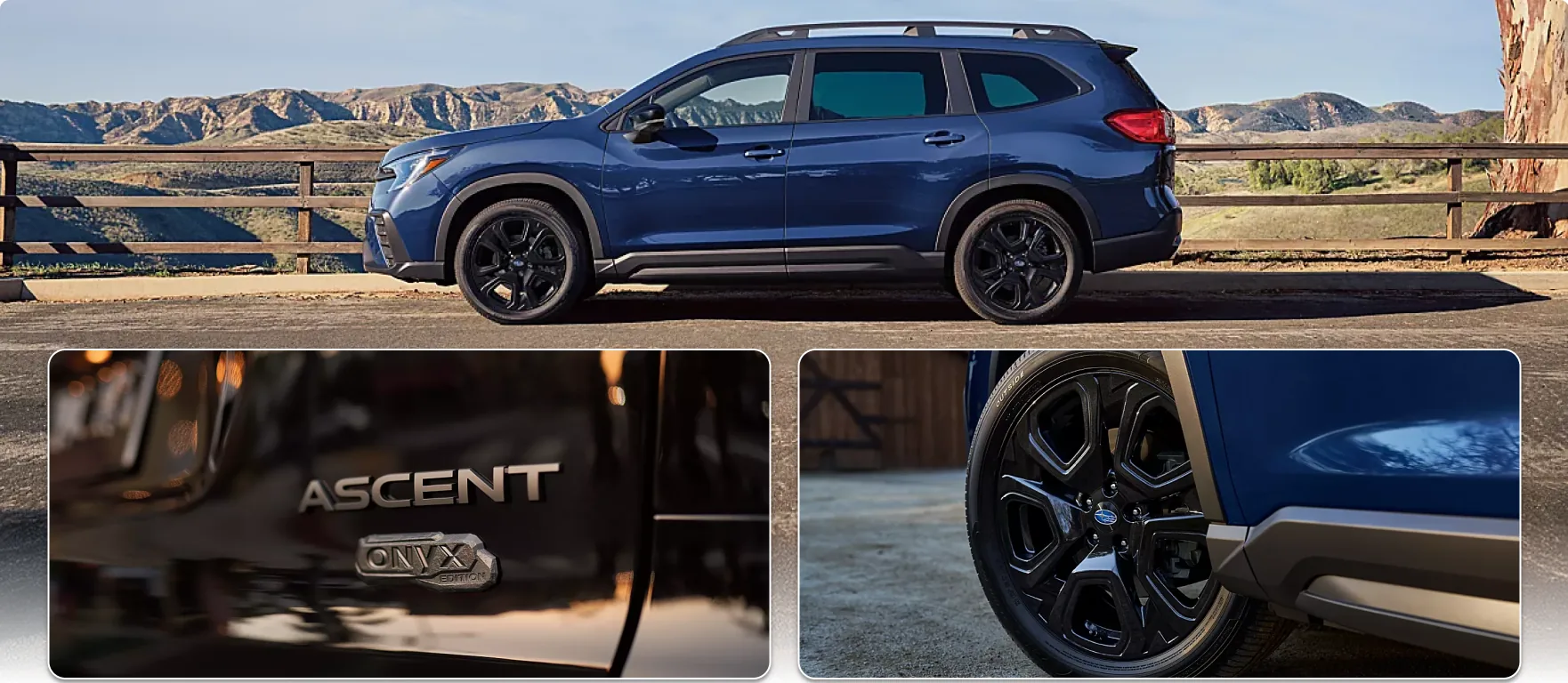 2026 Subaru Ascent Onyx Edition Touring at a canyon overlook, with its badge and black-finish wheel in detail