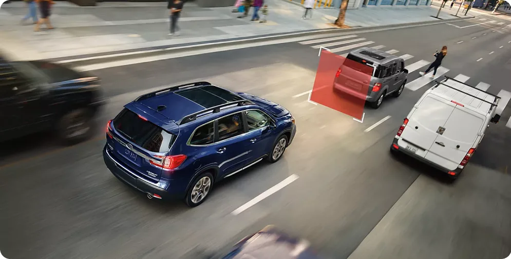 Subaru safety sensor field visualised around an Ascent in traffic