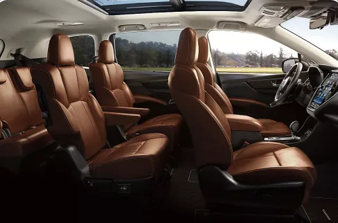 Second-row captain&rsquo;s chairs in a brown leather-trimmed 2026 Subaru Ascent