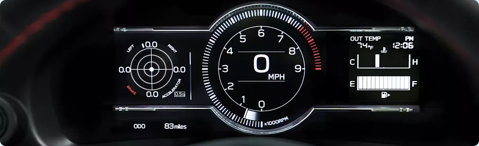 Fully digital instrument cluster of the 2026 Subaru BRZ with central tachometer and G-force meter