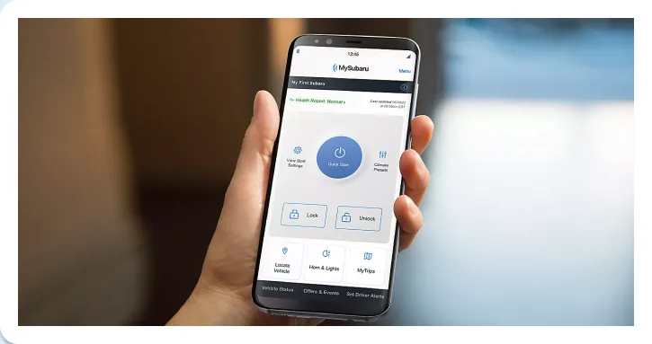 MySubaru app open on a smartphone showing remote vehicle controls