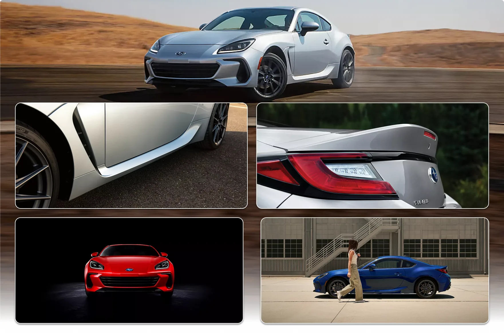 2026 Subaru BRZ exterior details: a silver coupe at speed, the front fender vent and wheel, the rear spoiler and taillight, a red BRZ lit from the front, and a blue BRZ in profile
