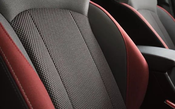 Close-up of Subaru sport seat upholstery with contrast stitching