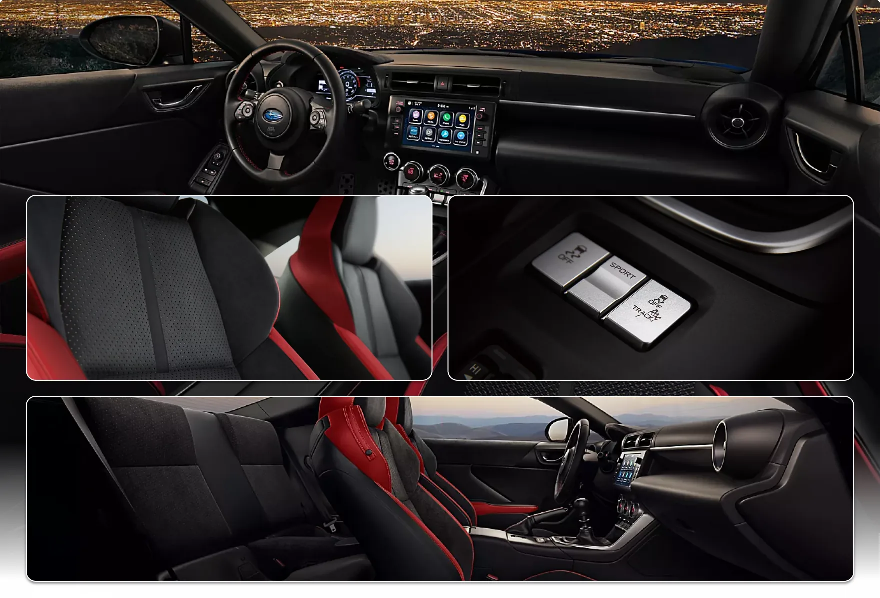 2026 Subaru BRZ interior: the cockpit seen over the city at night, the bolstered sport seats, the Sport and Track mode switches, and the cabin viewed from the passenger door