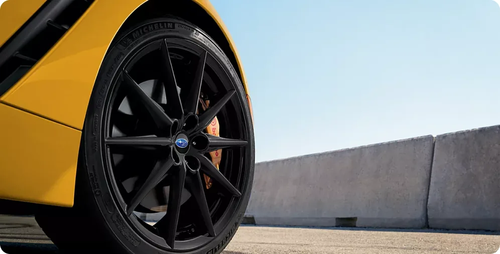Matte black wheel and Brembo brake caliper on the BRZ Series.Yellow