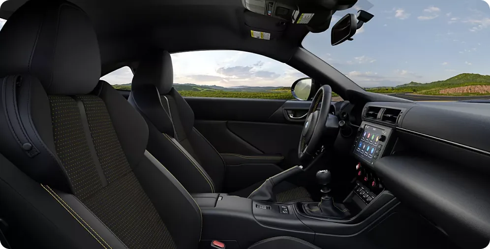 Recaro performance seats and yellow contrast stitching inside the BRZ Series.Yellow