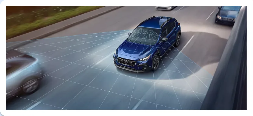 EyeSight detection field visualised ahead of a blue Subaru Crosstrek