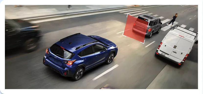 Pre-Collision Braking detection zone highlighted ahead of a Subaru Crosstrek