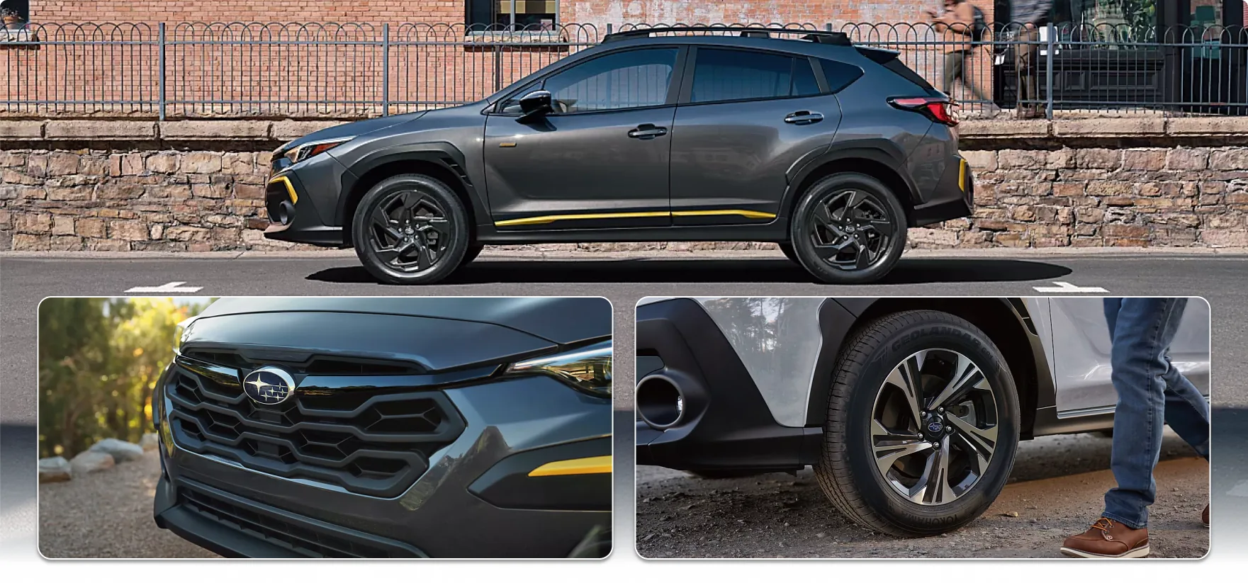 2026 Subaru Crosstrek exterior: the car in profile against a brick wall, the honeycomb grille, and an 18-inch alloy wheel