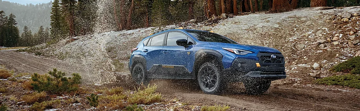 Blue 2026 Subaru Crosstrek Wilderness splashing through a forest trail