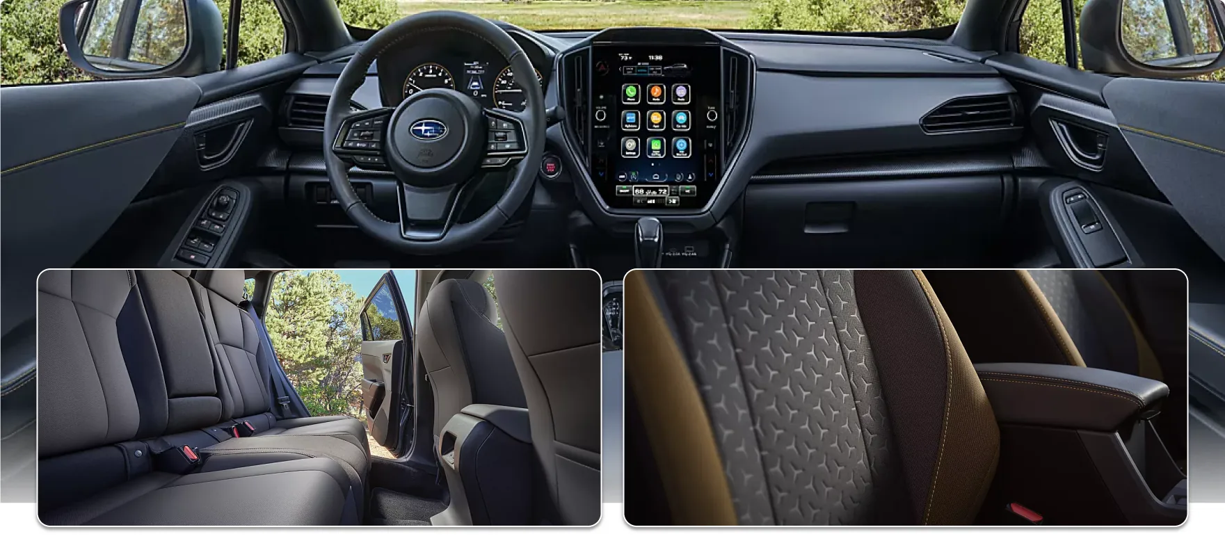 2026 Subaru Crosstrek interior: the dashboard and touchscreen, the rear seats, and Sport Cloth upholstery detail