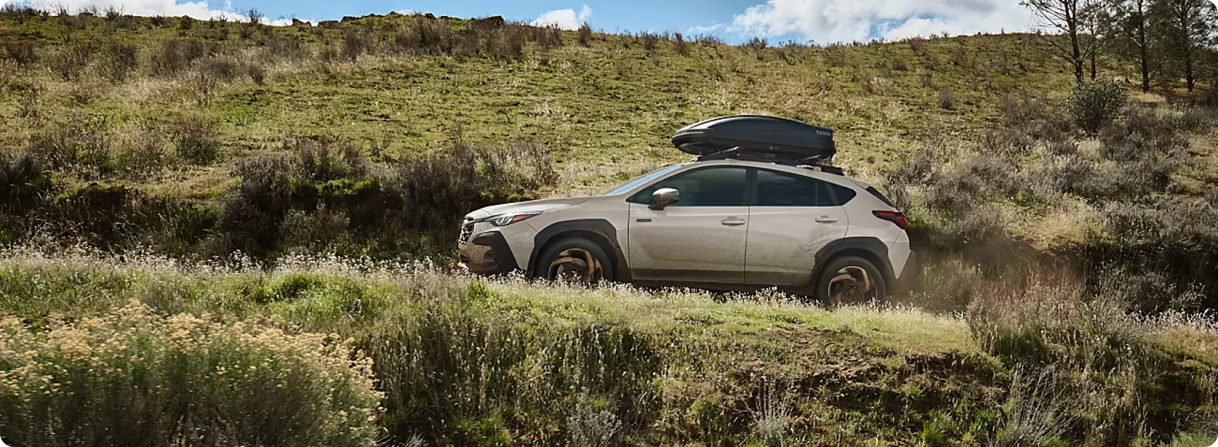 Sand-coloured 2026 Subaru Crosstrek Hybrid with a rooftop box on an open hillside