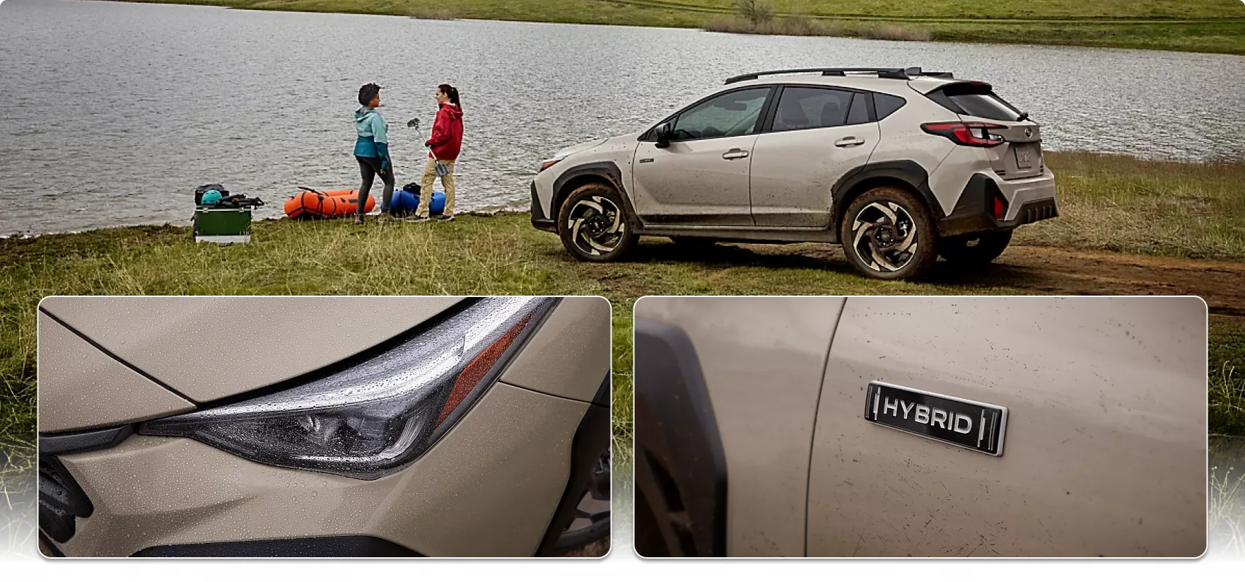 2026 Subaru Crosstrek Hybrid exterior: the car beside a lake, the headlight detail, and the HYBRID badge