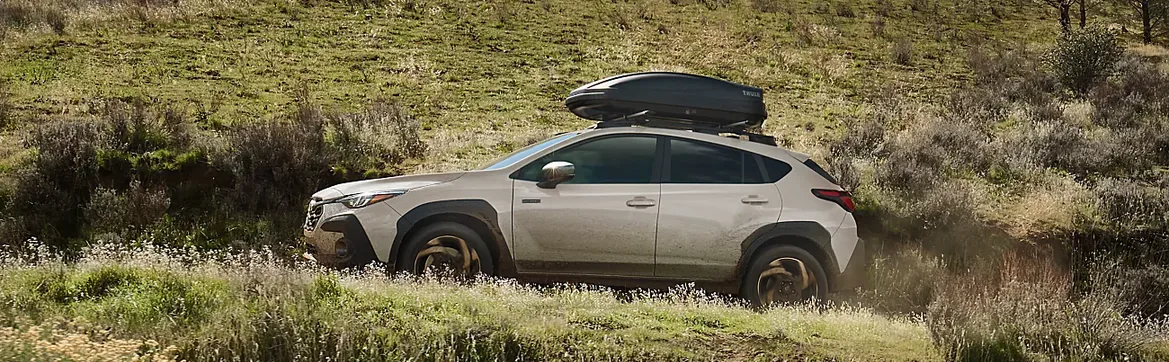 2026 Subaru Crosstrek Hybrid crossing a grassy hillside with a rooftop cargo box