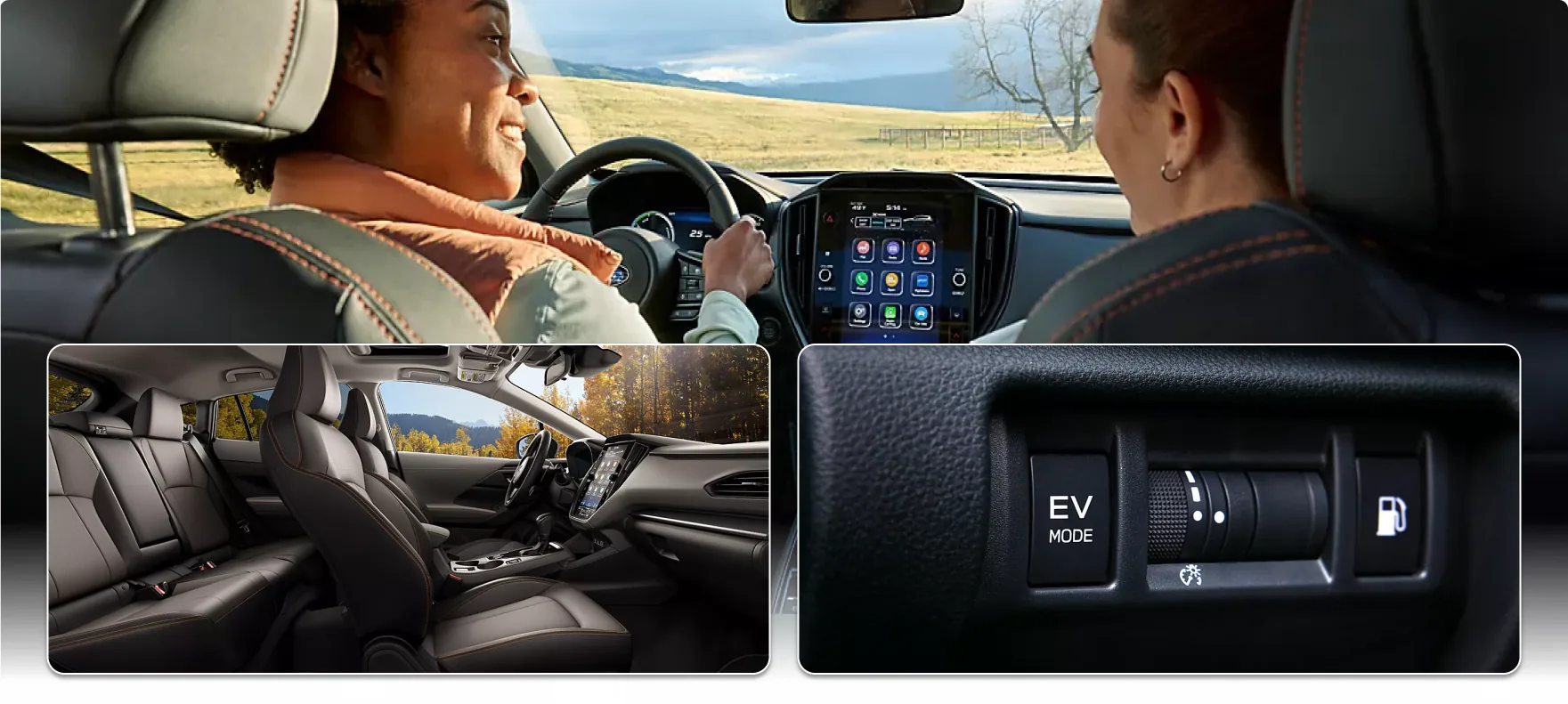 2026 Subaru Crosstrek Hybrid interior: the cabin on a road trip, the front seats, and the EV Mode switch