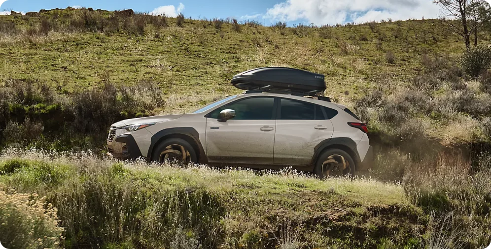 Sand-coloured 2026 Subaru Crosstrek Hybrid crossing a grassy hillside