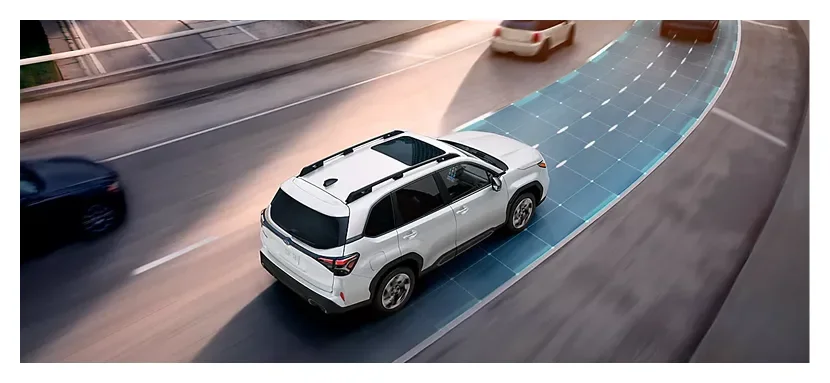 Advanced Adaptive Cruise Control with Lane Centering guiding a white 2026 Subaru Forester