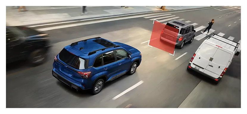 Pre-Collision Braking detecting a truck ahead of a blue 2026 Subaru Forester