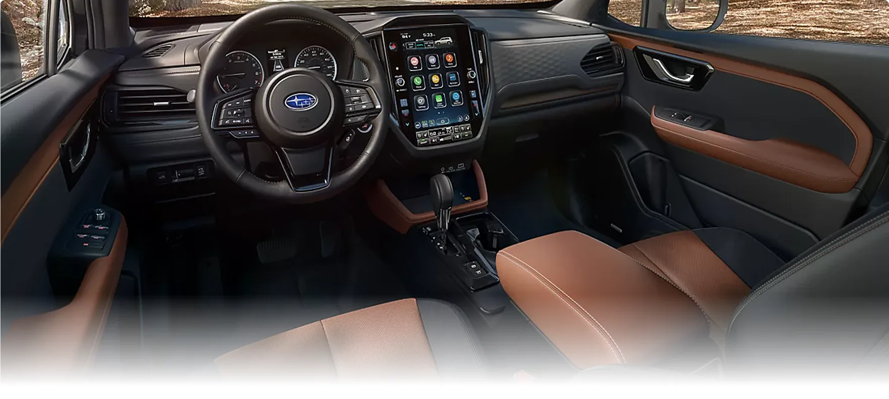 Front cabin of the 2026 Subaru Forester with brown leather upholstery