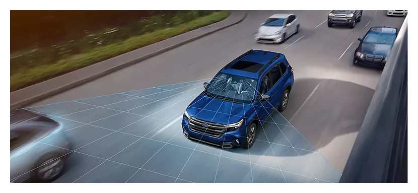EyeSight detection field visualised around a blue 2026 Subaru Forester in highway traffic