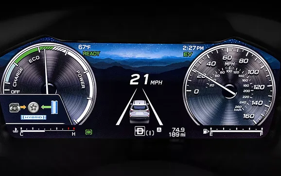 Digital instrument cluster showing the hybrid power flow