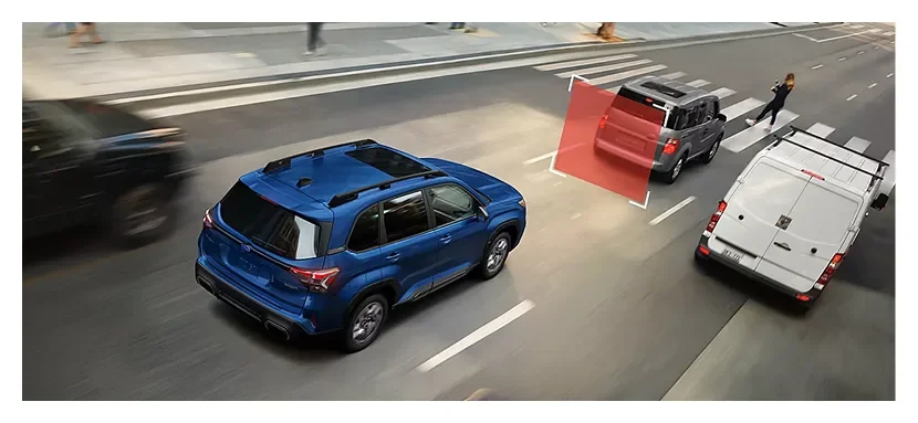 Pre-Collision Braking detecting a truck ahead of a blue 2026 Subaru Forester Hybrid