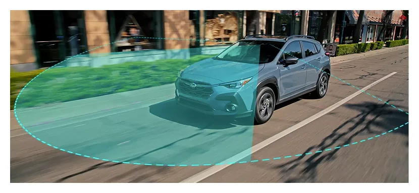 Pre-Collision Braking detection field projected ahead of a Subaru on a city street