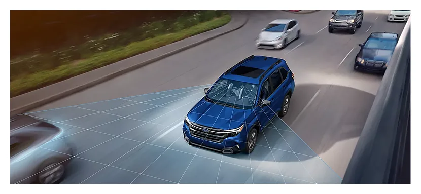 EyeSight detection field visualised around a blue 2026 Subaru Forester Hybrid in highway traffic