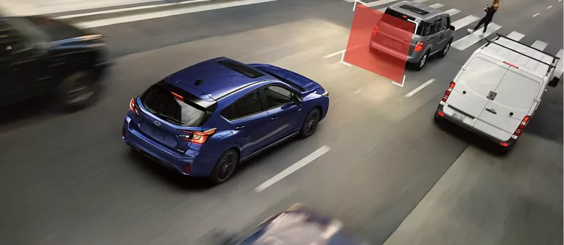 Pre-Collision Braking detection zone highlighted ahead of a Subaru Impreza