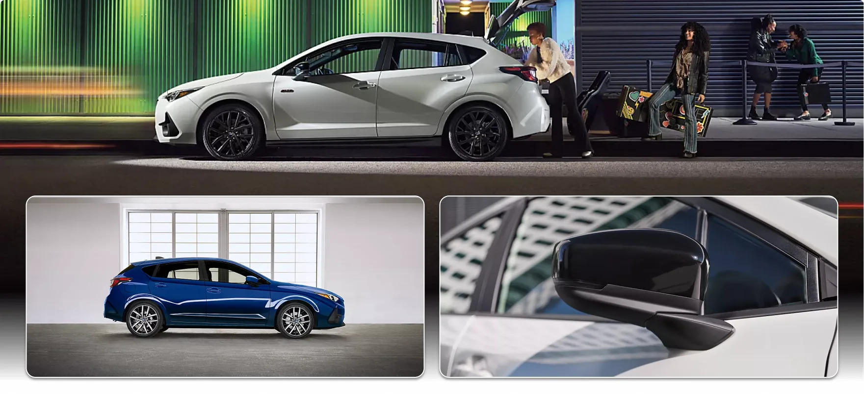 2026 Subaru Impreza exterior: a white hatchback loading up at night, a blue Impreza in profile, and a side mirror detail