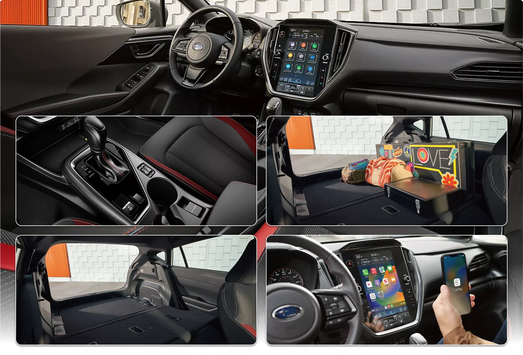 2026 Subaru Impreza interior: the dashboard and touchscreen, the centre console, the cargo area, the folded rear seats, and the steering wheel with wireless smartphone integration