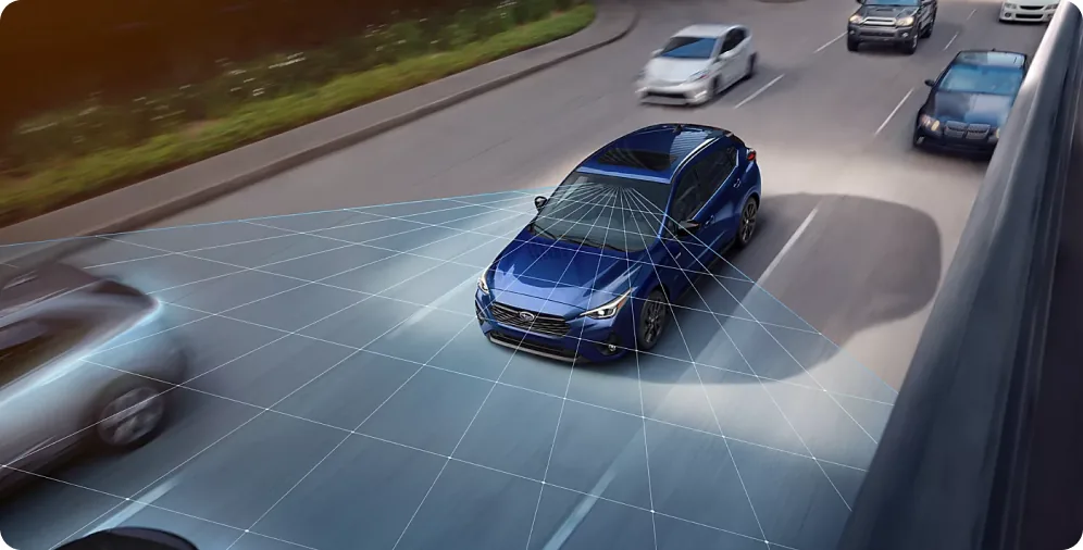 Subaru safety sensor field visualised around a blue 2026 Impreza in traffic