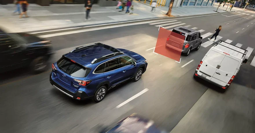 Pre-Collision Braking alert zone shown ahead of a Subaru Outback
