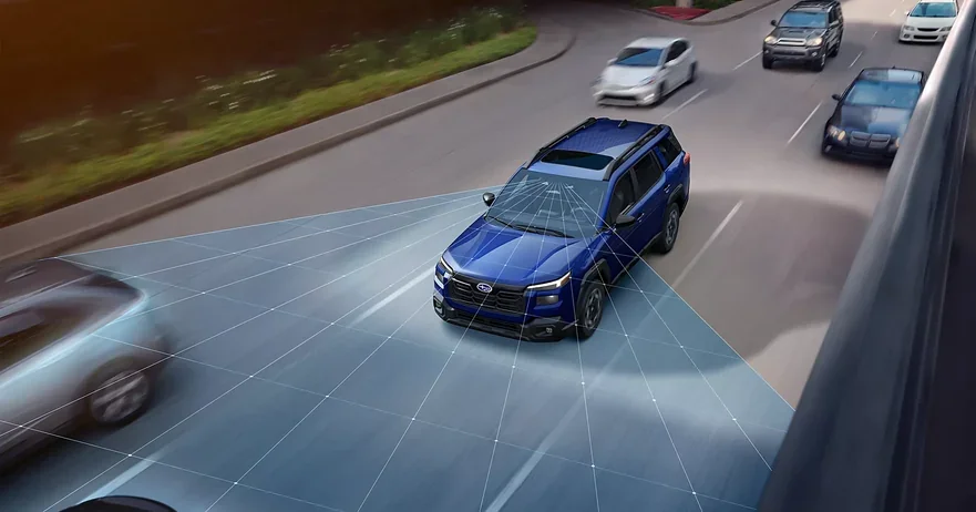EyeSight detection field visualised around a Subaru Outback in traffic