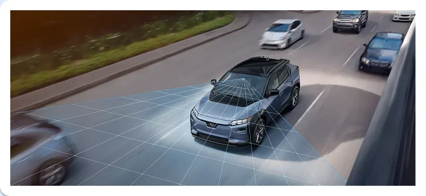 EyeSight detection field visualised around a 2026 Subaru Solterra in traffic