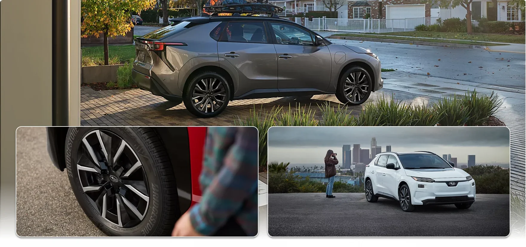 2026 Subaru Solterra exterior: a grey Solterra with a roof rack in a driveway, a 20-inch alloy wheel in detail, and a white Solterra above a city skyline
