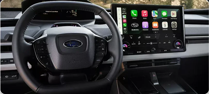 Steering wheel and centre display in the 2026 Subaru Solterra cockpit