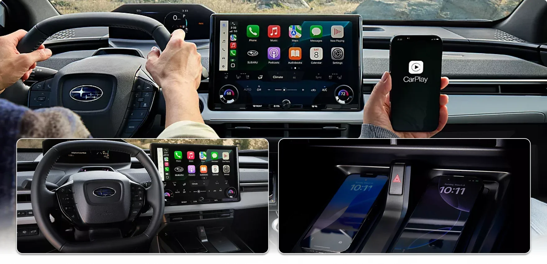2026 Subaru Solterra interior: wireless Apple CarPlay on the 14-inch touchscreen, the driver&rsquo;s cockpit, and the dual wireless device chargers