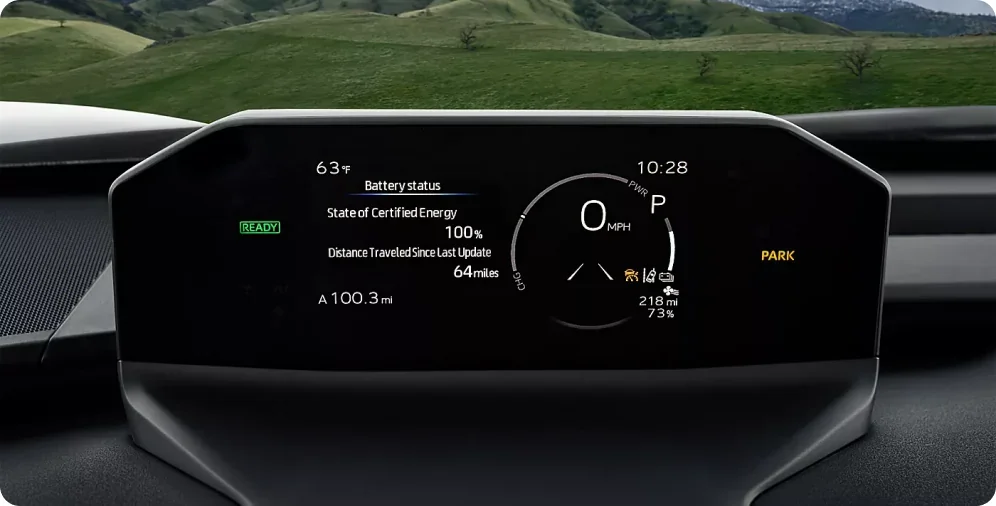Digital instrument cluster in the 2026 Subaru Solterra showing battery state of charge and remaining range