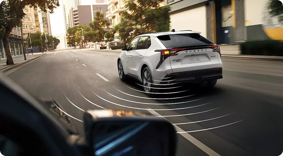 Front Cross-Traffic Alert sensing field visualised around a 2026 Subaru Solterra