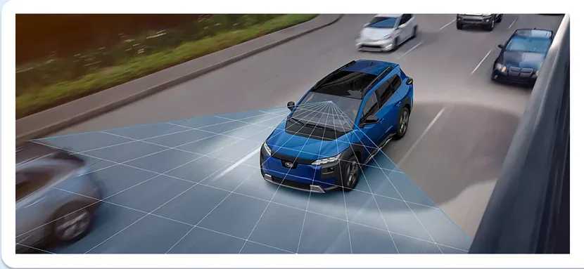EyeSight detection field visualised around a Subaru Trailseeker in traffic