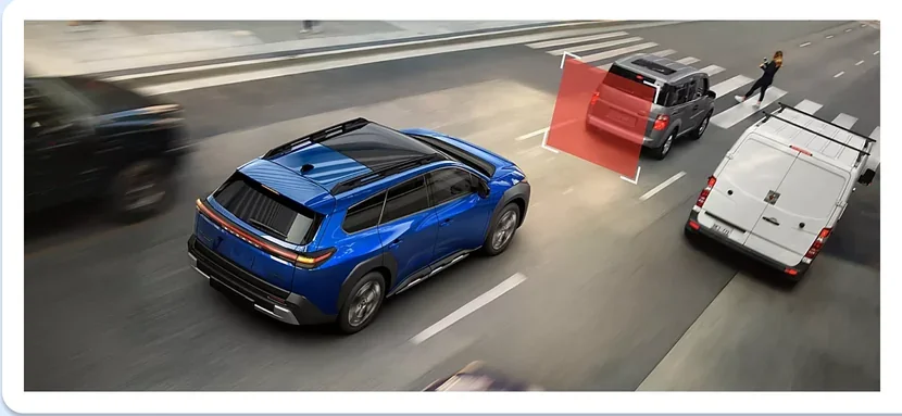 Pre-Collision System detection zone highlighted ahead of a Subaru Trailseeker