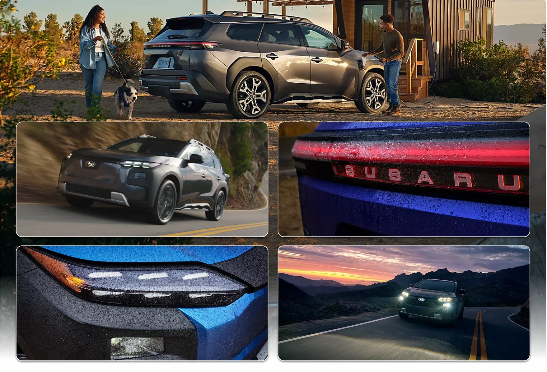 2026 Subaru Trailseeker exterior details: the SUV outside a desert cabin, a front three-quarter view on a canyon road, the full-width rear light bar, the LED daytime running lights, and a night drive through the mountains